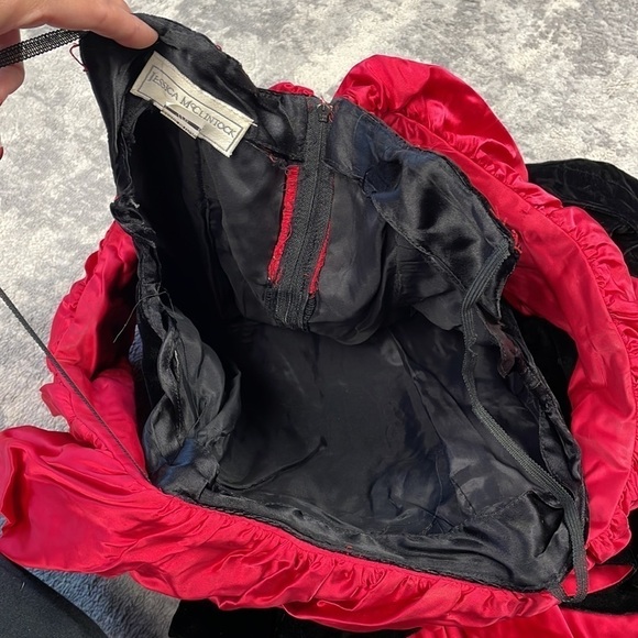 Gunne Sax Jessica McClintock Black Velvet Off Shoulder Red Ruffle Trumpet Dress - Picture 12 of 14